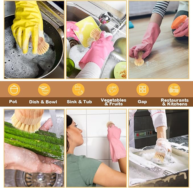 Nuenen 6 Packs Bamboo Dish Scrub Brushes Wooden Scrubbers Set Kitchen Dishwashing Scrubber with Natural Sisal Bristles for Iron Pot Pan Sink(Sisal)