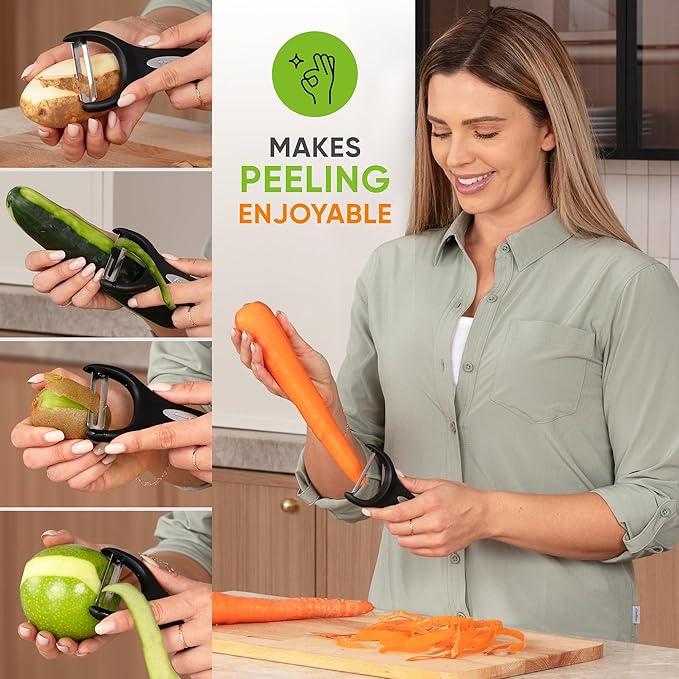 Spring Chef Swivel Vegetable Peeler & Y Peeler with Sharp Stainless Steel Blades & Professional XL Cheese Box Grater - 3 Product Bundle - Black