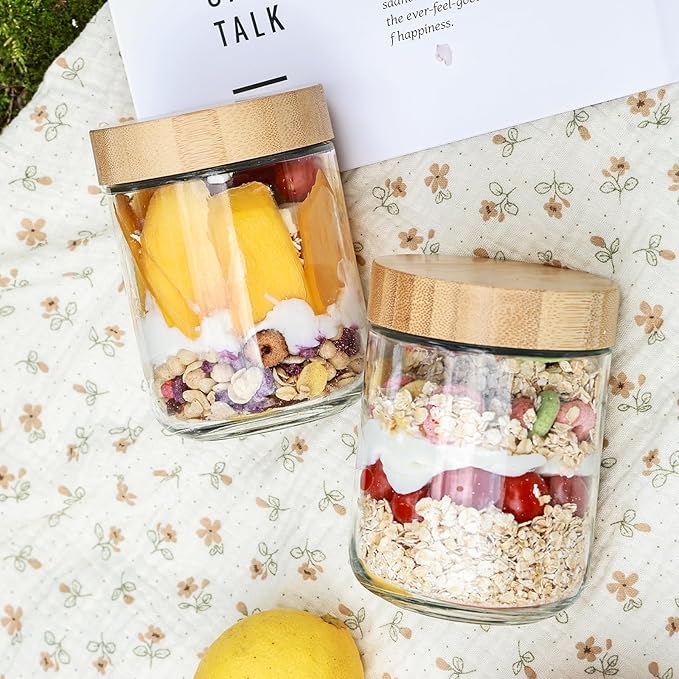 6 Pack 16oz Glass Overnight Oats Jars - Airtight Containers with Bamboo Lids, Wide Mouth Mason Jars for Salad, Yogurt, Snacks & Food Storage