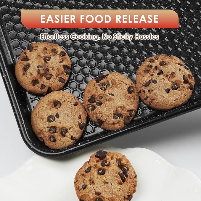 Baking Sheet Pan Set of 3, Nonstick Carbon Steel Cookie Sheets with Texture, Commercial Half/Quarter/Jelly Roll Pans Replacement Toaster Oven Tray, Heavy Duty & Easy Clean, Black