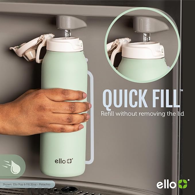 Ello Pop & Fill 22oz Stainless Steel Water Bottle with QuickFill Technology, Double Walled and Vacuum Insulated, Leak Proof Locking Lid, Straw and Chug, Fits Cupholder, Reusable BPA Free, Black Zebra