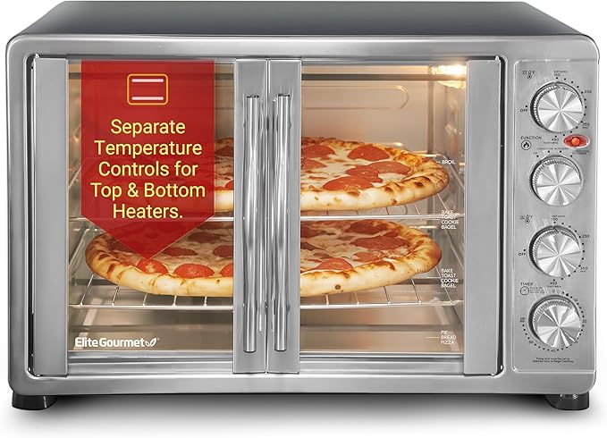 Elite Gourmet ETO4510B# French Door 47.5Qt, 18-Slice Convection Oven 4-Control Knobs, Bake Broil Toast Rotisserie Keep Warm, Includes 2 x 12" Pizza Racks, Stainless Steel