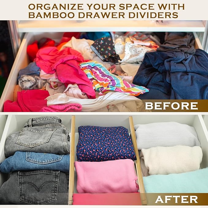 DoubleFill 8 Pcs Deep Bamboo Drawer Dividers, Deep Kitchen Dresser Drawer Organizer with Spring Loaded for Clothes, Adjustable Expandable from 15-22 Inch (Wood Color,6 Inch)