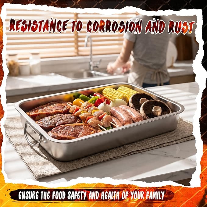 2 Pcs Extra Large Baking Pans 17.72 x 13.78 x 2.76'' Stainless Steel Lasagna Roasting Pan Large Uncovered Thickened Bake Trays with Handle for Kitchen Turkey Oven Lasagna ‌roasts Baking
