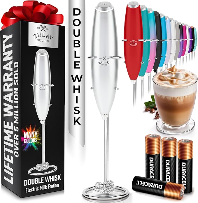 Zulay Kitchen Whisk Milk Frother with 4 Duracell Batteries - Powerful Handheld Foam Maker for Coffee, Lattes, Matcha, Hot Chocolate & Cappuccinos - Whip Creamy Froth in Seconds