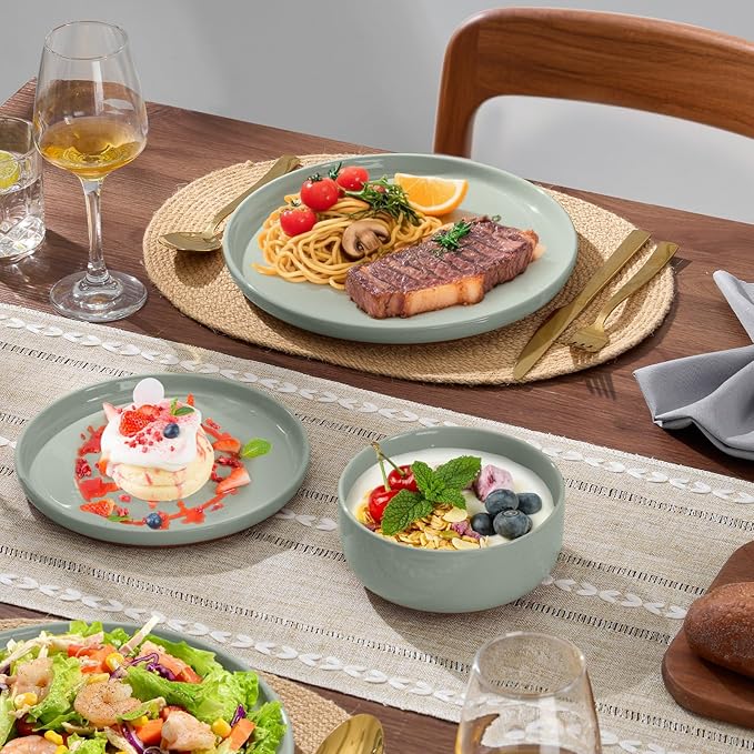 E-far 24-Piece Stoneware Dinnerware Sets, Plates and Bowls Sets for 8, Ceramic Dishware Dishes Set with Terracotta Base, Chip & Scratch Resistant, Microwave & Dishwasher Safe, Speckled Green