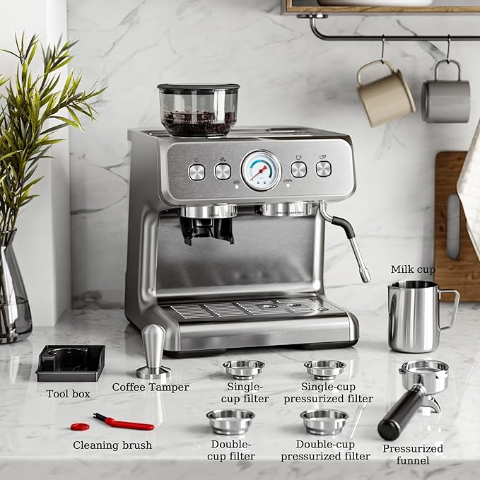 Kismile Espresso Machine with Grinder, 20 Bar Expresso Coffee Machines with Milk Frother, 58mm Expresso Machines for Home, Perfect for Cappuccino & Latte, Silver