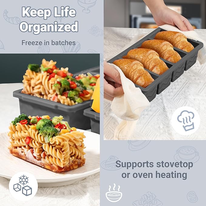 Doasuwish Silicone Freezer Tray for Soup with Lid – 1-Cup Soup Container Style Ice Cube Trays for Freezer, Meal Prep & Food Storage, Freeze 250mL/125mL Portions – 2 Pack