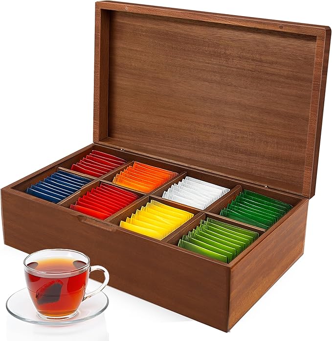 Acacia Wood Tea Bag Organizer Box – 8-Compartment Tea Storage Container Tea Caddy Holder with Removable Dividers – Rustic Tea Chest for Kitchen Counter, Coffee & Tea Station, Gifts