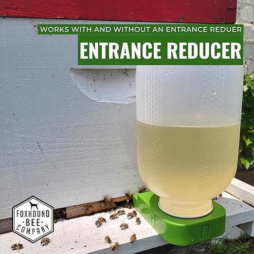 Foxhound Bee Co: Honey Bee Feeder for Beekeeping with Plastic Entrance Feeder and Extra Large Half Gallon Bottle for Feeding Sugar Syrup or Water to Bee Hives - 2 Pack