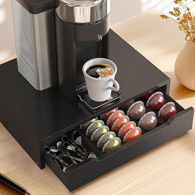 Deco Brothers Vertuoline Pod Holder Drawer with Adjustable Divider, Compatible with Nespresso 40 Small or 20 Large Capsules Coffee Bar Station, Wood Top Stand with Side Storage for Accessories, Black