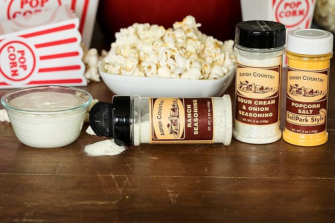 Amish Country Popcorn | Seasoning Variety Pack | Ballpark Style ButterSalt - 5.5 oz, Ranch - 5.5 oz & Sour Cream and Onion - 4.7 oz Popcorn Seasoning | Old Fashioned, Non-GMO