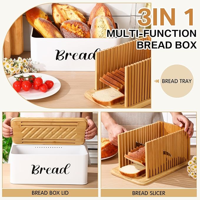 Bread Box with Bread Slicer Storage Container for Kitchen Countertop Food Storage with Multifunction Bamboo Lid, 3 in 1 Breadbox Removable Cut Board for Loaf Slicing (White,Wood, Metal,Bamboo)