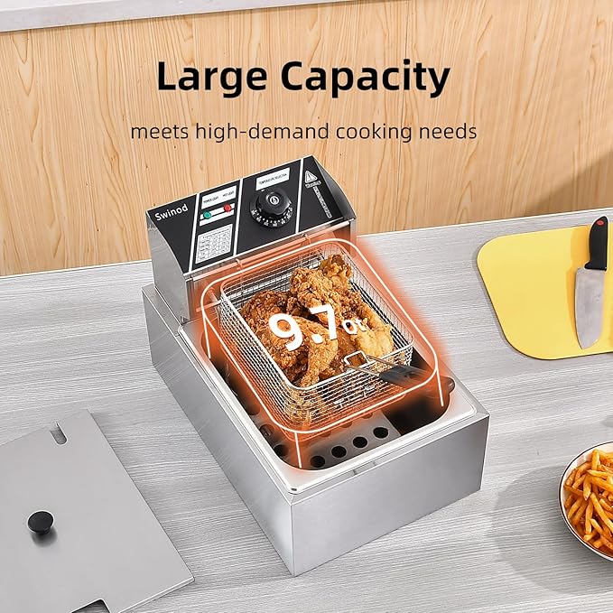 Commercial Deep Fryer with Baskets, 1700W 9.7QT/9.1L Thickened Stainless Steel Countertop Electric Oil Fryer, Large Capacity with Temperature Control (6L)
