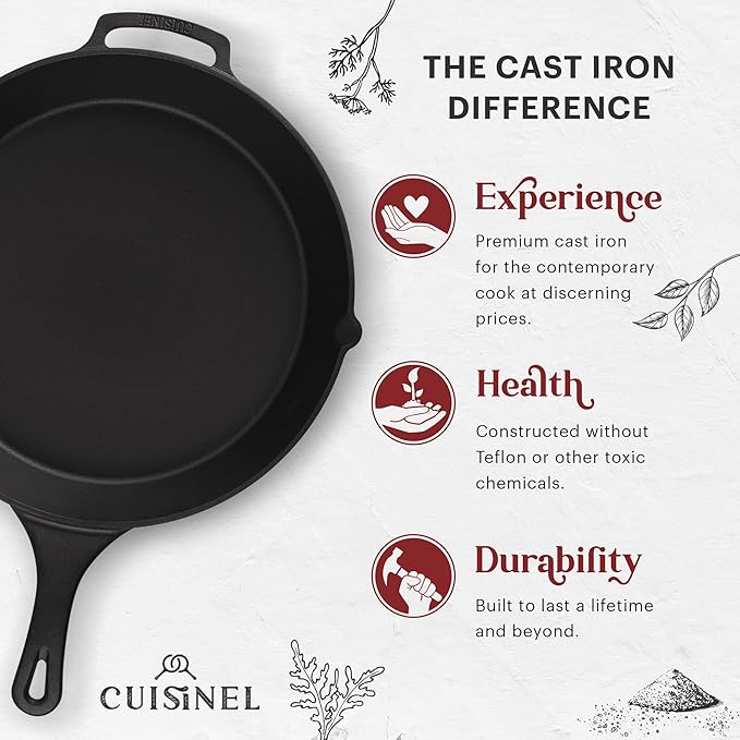 Cuisinel 15" Cast Iron Skillet + Glass Lid Cover + Pan Scraper + Heat-Resistant Silicone Handle Grip - Pre-seasoned Oven-Safe Kitchen Cookware - Indoor/Outdoor - Camping, Grilling, BBQ, Oven Safe