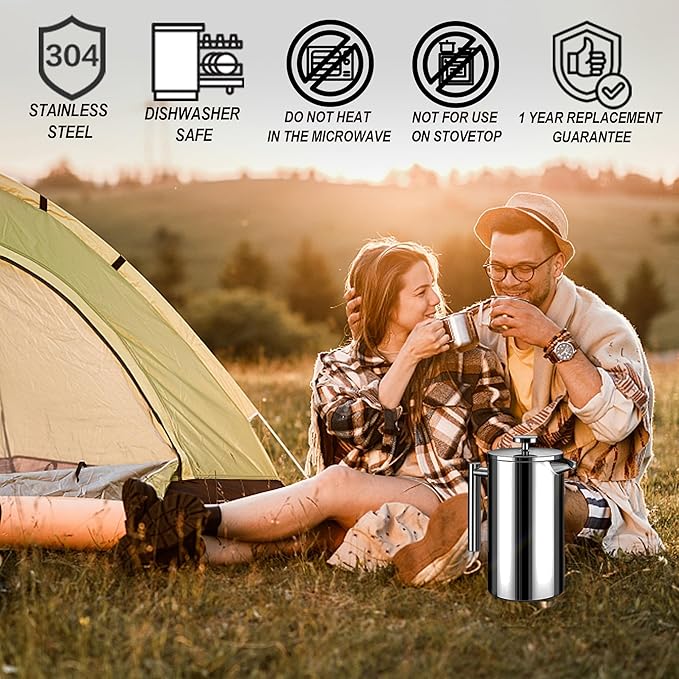 Large French Press Coffee Maker 50oz (1.5L), 304 Stainless Steel Double Wall Insulated Coffee Press for Camping, Backpacking, Party, Travel, Gift Set, Dishwasher Safe (Silver, 6-8 Cups)