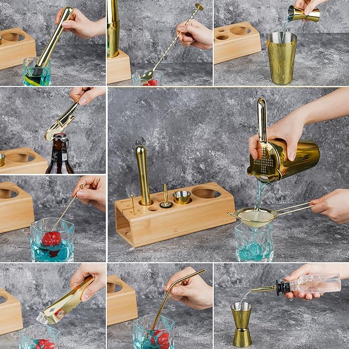 Cocktail Shaker Set Bartender Kit with Bamboo Stand, 15-Piece Stainless Steel Bar Set Accessories, Professional Bartending Kit Home Bar Tools Set with Recipes (Gold, Natural Wood Stand)