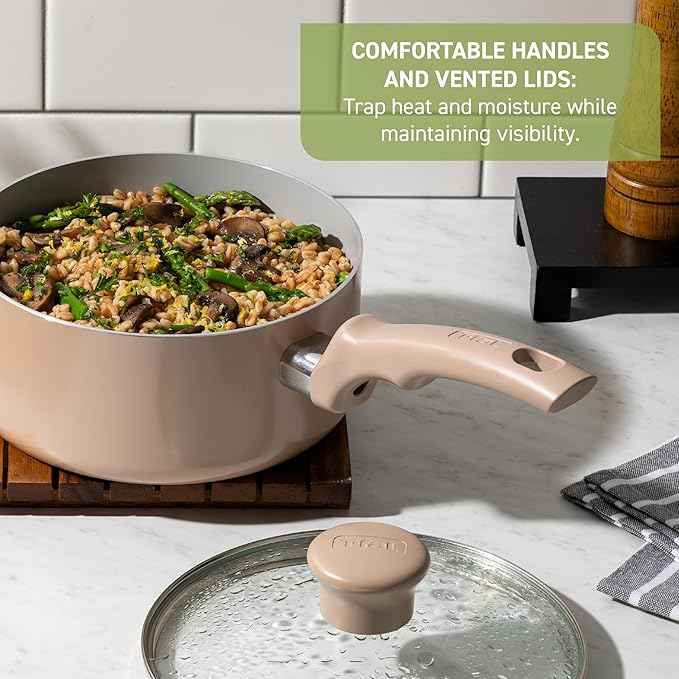 T-Fal Refresh Ceramic Nonstick Cookware Set, 12-Piece Ceramic Pots and Pans Set, Oven Safe to 350°F, Includes Stockpot, Griddle, Frying Pans, & Utensils, Dusty Rose