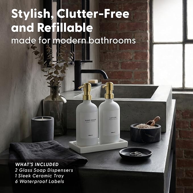 MaisoNovo Soap and Lotion Dispenser Set - Bathroom Soap Dispenser Set with White Soap Dispenser, Gold Pumps & Ceramic Tray