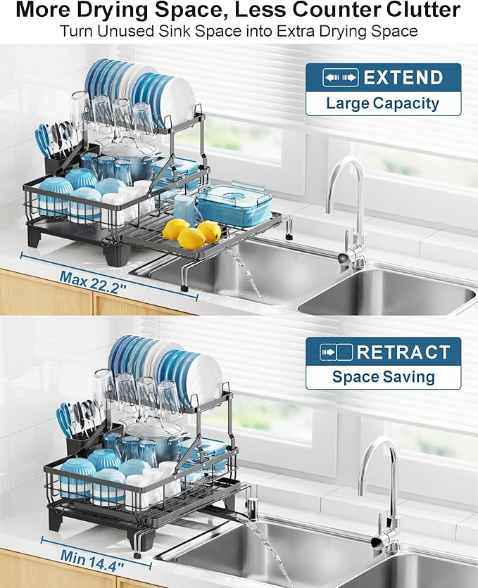 GSlife Large 2 Tier Dish Drying Rack, Expandable Heavy-Duty Dish Rack for Kitchen Counter, Rust-Resistant Dish Drainer with Utensil & Cup Holder, Auto-Drain, 16.9" W x 14.4"-22.4" L, Black
