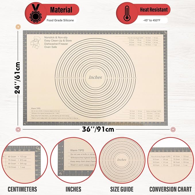 Silicone Pastry Mat 36x24 Inch Extra Large Baking Mat with Measurements, Nonstick Kitchen Counter Mats for Dough, Pastry, Dough Rolling, Kneading Board, Pie Crust, Fondant, Bread, Pasta, Pizza