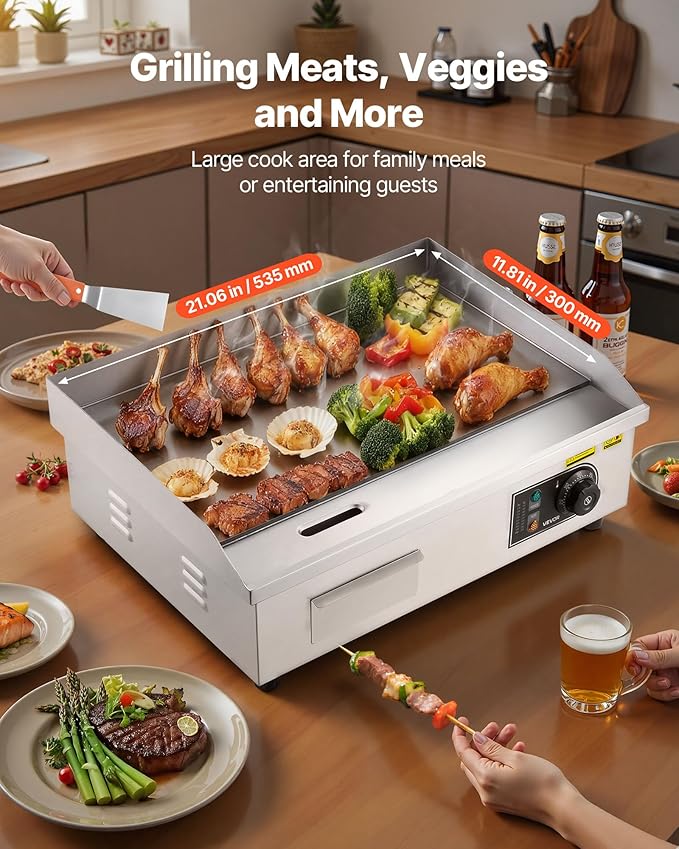 VEVOR Commercial Electric Griddle, 21 x 11.8 inch, 1750W, 122-570°F Adjustable Temp Control, Stainless Steel Countertop Flat Top Grill with 2 Spatulas, 2 Brushes and 4 Foot Pads, for Steak, Pancake