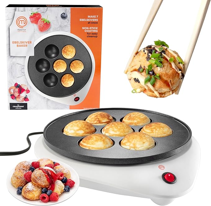 MasterChef Electric Ebelskiver Maker Delicious Homemade Japanese Takoyaki, Donut Holes, Cake Pops, Octopus Balls, Aebleskivers, Danish- Nonstick Easy Clean Appliance, Fun Gift