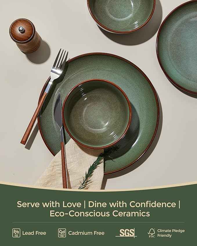 Stoneware Dinnerware Sets Service for 12, 36 pcs Reactive Glaze Plates and Bowls Sets, Handmade Ceramic Dish Set, Highly Chip and Crack Resistant Modern Plate Set, Brown Green