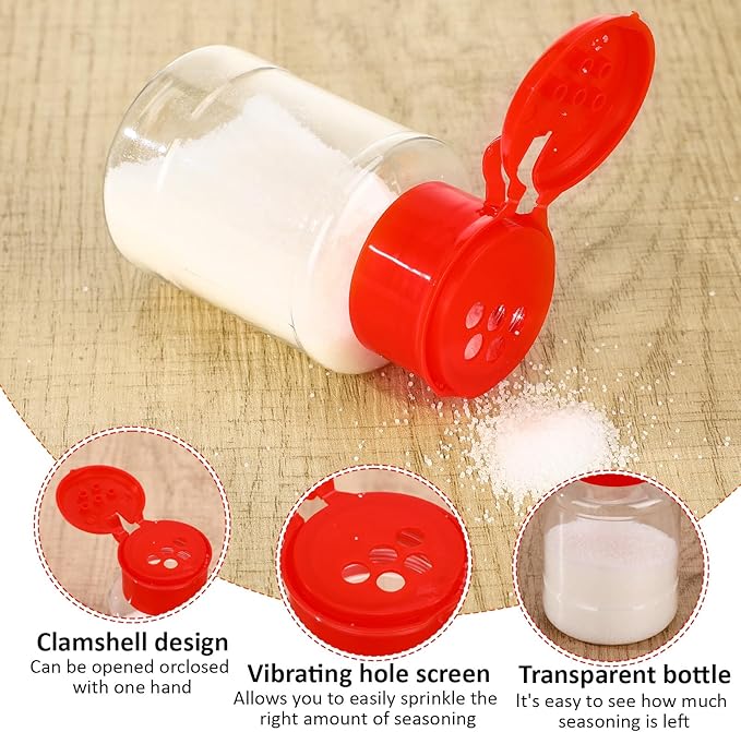 Amyhill 100 Pcs Plastic Spice Bottles Spice Jars with Red Cap Seasoning Jars Shaker 2 Oz/ 60ml Clear Bottle Containers with Shaker Lids for Storing for Spices, Herbs, Powders, Glitters Supplies