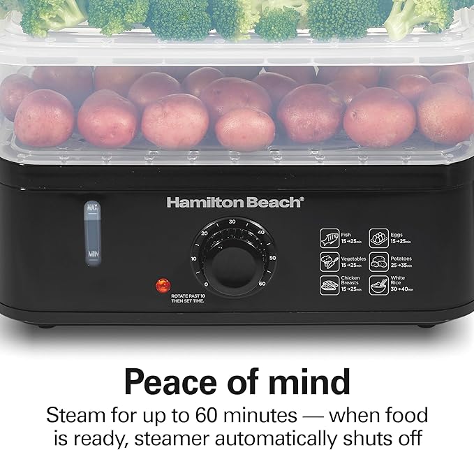 Hamilton Beach Electric Food Steamer, Rice Cooker & Egg Boiler for Quick, Fast Healthy Cooking with Stackable Three-Tier Bowls for Vegetables and Seafood, 9.5 Quarts, Auto Shutoff, Black (37430)