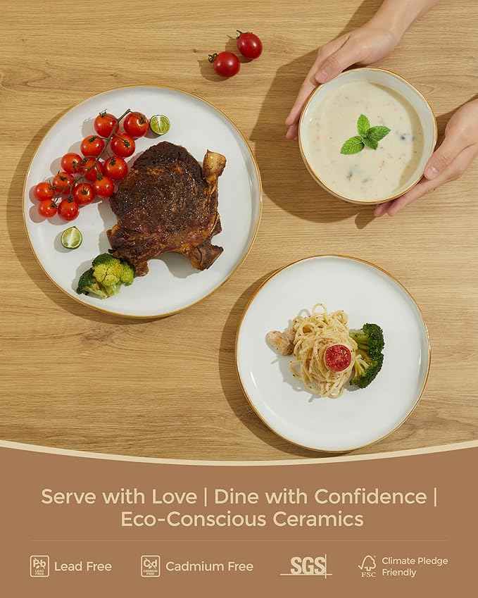 Dinnerware Set for 4, Ceramic Dish Set, Plate and Bowl Set, Microwave & Dishwasher Safe Dishware Set, Chip & Scratch Resistant Dinner Sets, Irregular Edge Design, White