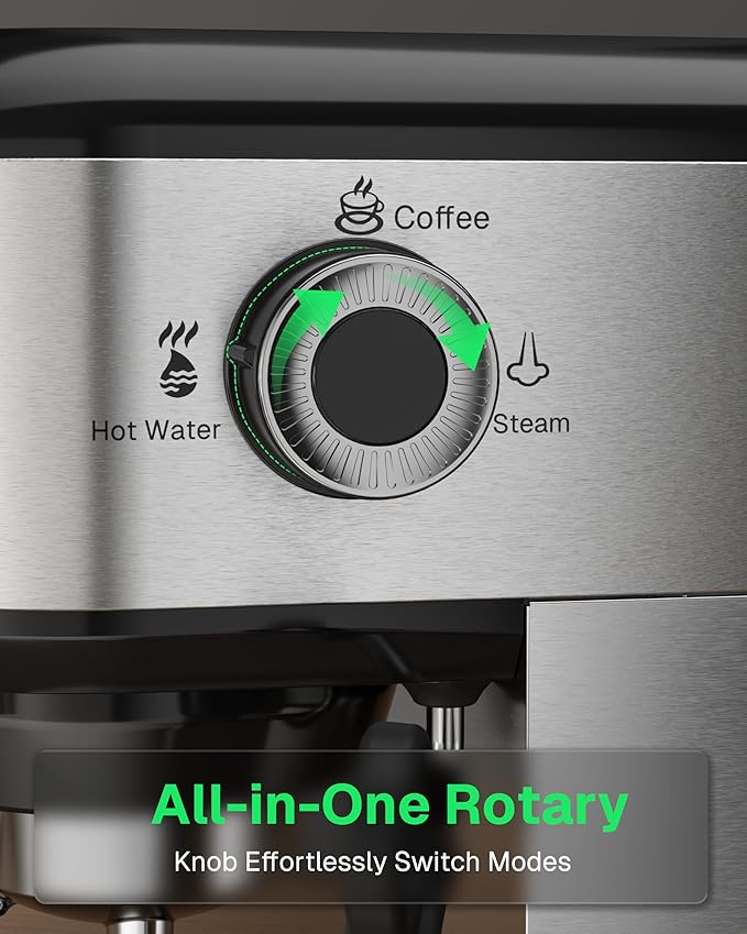 HBN 20 Bar Espresso Machine with Milk Frother, Compact Espresso Maker for Ground Coffee, Stainless Steel Coffee Machine with Steam Wand & 34oz Removable Water Tank, 1450W for Home & Office