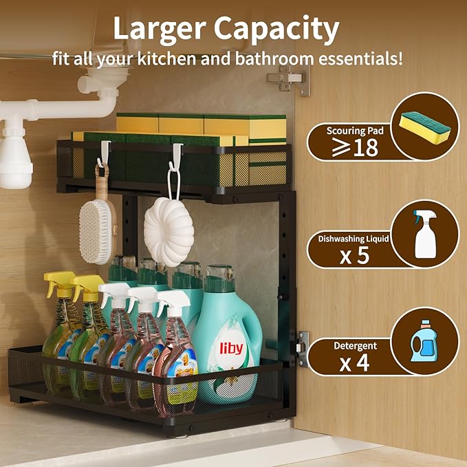 Under Sink Organizer 2 Pack, 2-Tier Slide Out Cabinet Organizer with Metal Sliding Drawer and Hooks, Pull Out Storage Baskets for Kitchen Bathroom Pantry Cabinet Organization (black)
