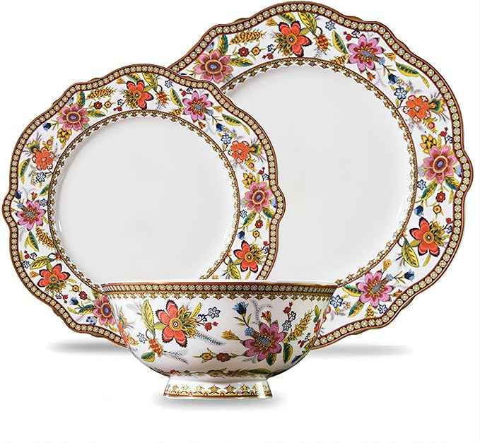 ACMLIFE Bone China Dinnerware Set for 4, 12-Piece Vintage Floral Dinnerware Set, Kitchen Plates and Bowls Set, China Plates Set, Mother's Day, Gifts for Women, Thanksgiving Dinnerware Sets(Pink)