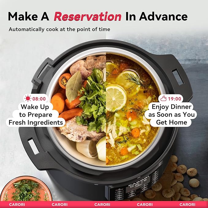 CARORI 1200W 12-in-1 Electric Pressure Cooker 8Qt, Stainless Steel Pressure Cooker, Slow Cook Rice Cooker Steamer Sauté, Yogurt Maker, Warmer & Sterilizer with Recipe, Safer Venting Design, Black