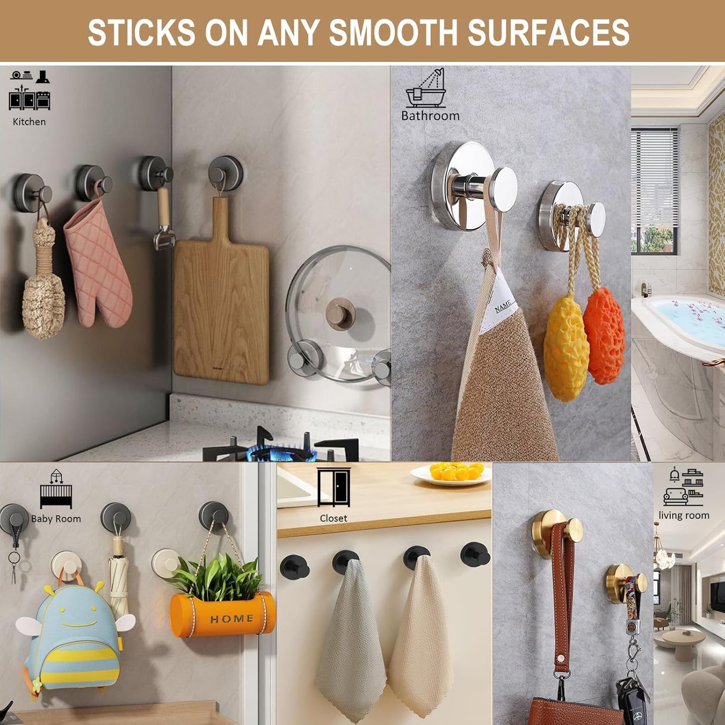 ZESLMG Suction Cup Hooks for Shower Wall, Door Wreaths, Removable Inside Shower Towel Hooks for Bathroom Window Glass Kitchen- Bath Robe Loofah Suction Hooks for Hanging More Surfaces (Nickel, 2 Pack)