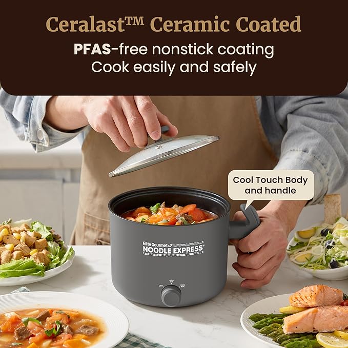 Elite Gourmet NOODLE EXPRESS Electric Hot Pot, Prepare Noodles, Soups, Stews, Cool-touch Handle, Ceralast™ PFAS-Free Ceramic Non-stick, Tempered Glass Lid, 2 Heat Settings-High/Low, Grey