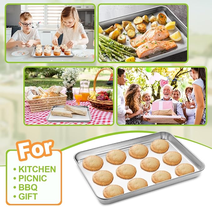 4 Pieces Baking Sheet Pan Tray, CEKEE Stainless Steel Small Cookie Sheets for Baking, Baking Sheets for Oven, Warp Resistant & Heavy Duty & Rust Free Baking Pans Set - Size 9.3 x 6.9 x 0.98 Inch
