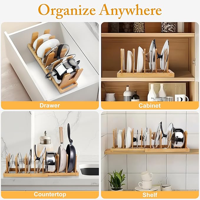 MinBoo Bamboo Expandable Pot Lid Organizer, Pot and Pan Organizer Drawer Organizer for Pot Lids, Adjustable 10 U-Shaped Dividers for Kitchen Cabinet Organizers and Storage (Bamboo-1)