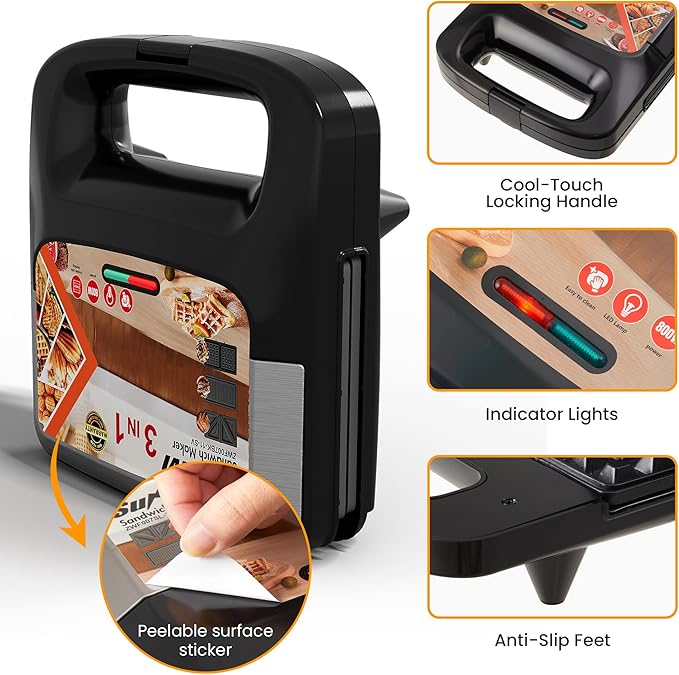 Sunvivi 3 in 1 Electric Sandwich Maker: Panini Press Grill and Waffle Iron Set, Grill and Sandwich Press with Removable Non-Stick Plates, Indicator Lights & Cool Touch Handle, 800W, Silver