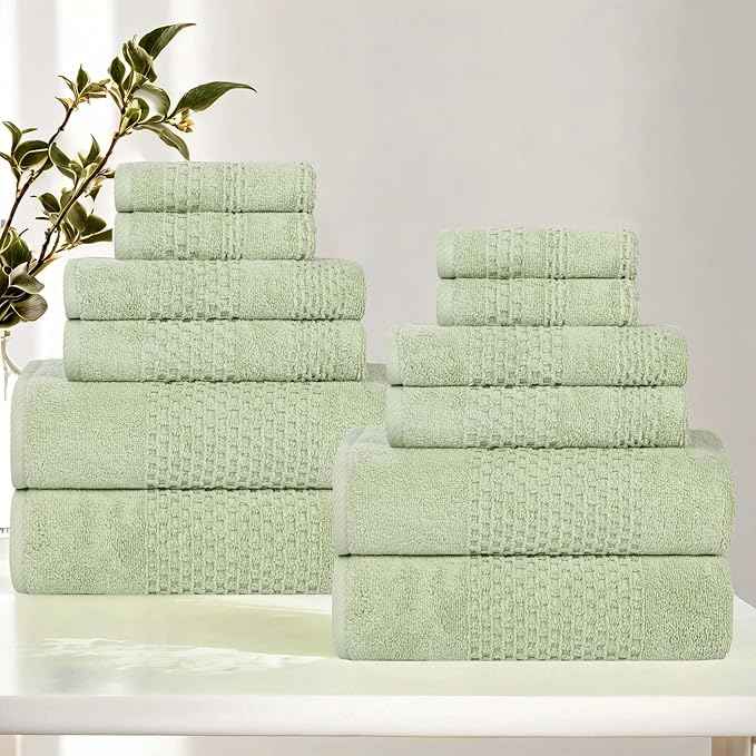 Superior Playa Zero Twist Cotton Medium Weight Towels, for Guest Bath, Bathroom, Shower, Spa, Plush, Quick Dry, Ultra-Soft Towels, Bath Essentials, Waffle Textured, 12 Piece Assorted Towel Set, Green