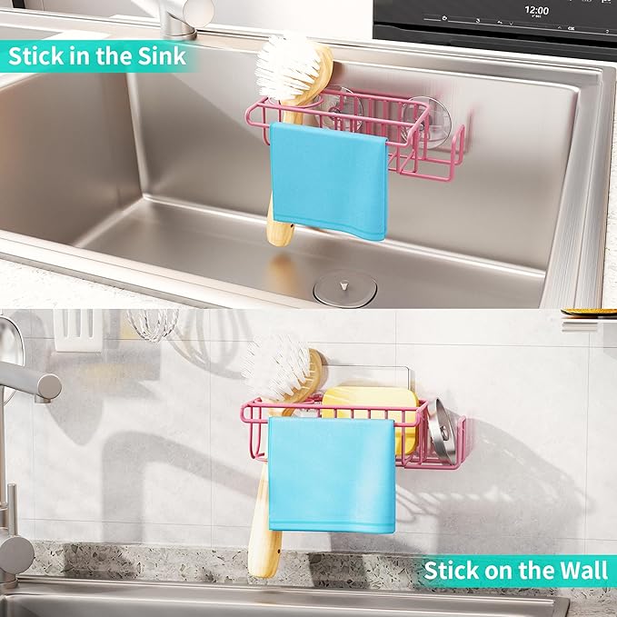 HapiRm Sink Caddy Sponge Holder - No Drill Sponge Holder for Kitchen Sink, Rustproof and Waterproof Kitchen Organizer - Pink