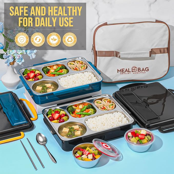 2 Sets Stainless Steel Lunch Bento Box for Adult 2.0 L Leakproof 5 Compartment Metal Bento Box with Bag 8 oz Soup Bowl with Utensils for Office, Travel(Dark Blue, Black)