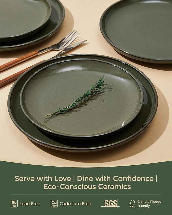 Santorini Mist Terracotta Reactive Glaze Plates and Bowls Sets, Stoneware Dinnerware Sets, Microwave and Dishwasher Safe Ceramic Dish Set Service for 4, Blackish Green
