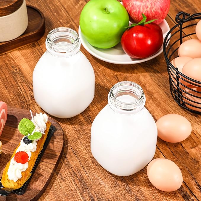 6 Glass Milk Bottles with Lids - 16oz, Reusable for Almond Milk, Coffee Creamer, Parties & Picnics