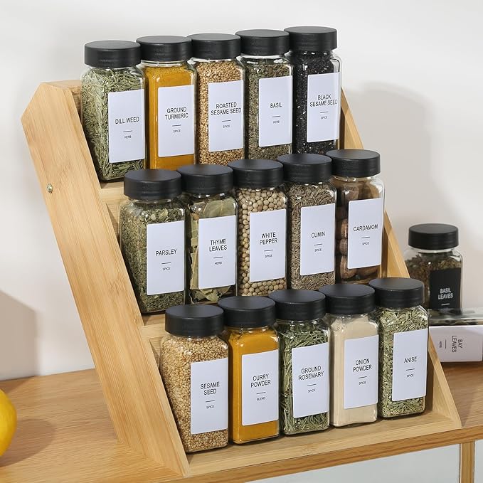 48 Glass Spice Jars with Labels, Spice Jar Set, 4oz Spice Containers, Seasoning Containers with Black Airtight Lids and Shaker Lids, Square Empty Spice Bottles, 492 Labels, 1 Funnel