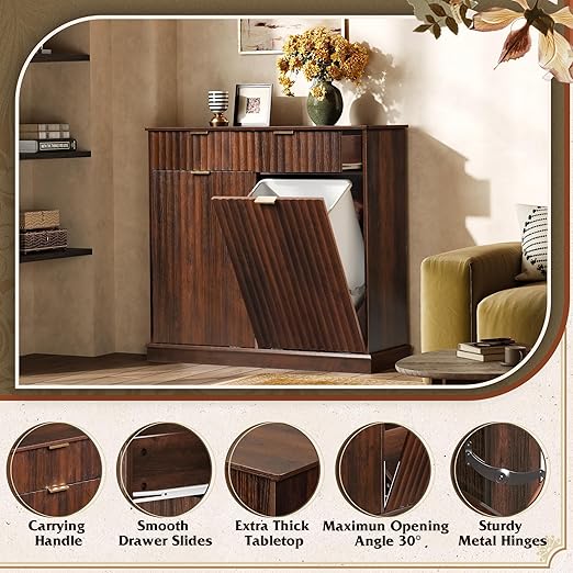 WLIVE 2 * 10 Gallon Double Tilt Out Trash Can Cabinet, Hidden Trash Can Cabinet with Storage Drawers,Food/Clothes Storage Pet Proof Wooden Trash bin Cabinet for Kitchen, Home, Laundry (Brown)