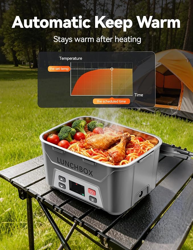 EAST OAK Heated Lunch Box for Men, Electric Lunch Box for Adults, 5.5 Cups Cordless Portable Food Warmer, Rechargeable Self Heating Food Heater with Memory Function, Automatic Keep Warm(Grey)