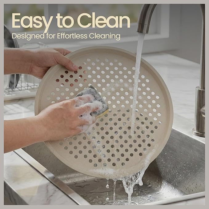 Bakken Pizza Baking Pan - Round Perforated Carbon Steel Pan with Non-Stick Marble Coating, Oversized Silicone Handle, Dishwasher Safe, High-Temperature Resistant, Durable & Easy Cleanup White, 1 Pack