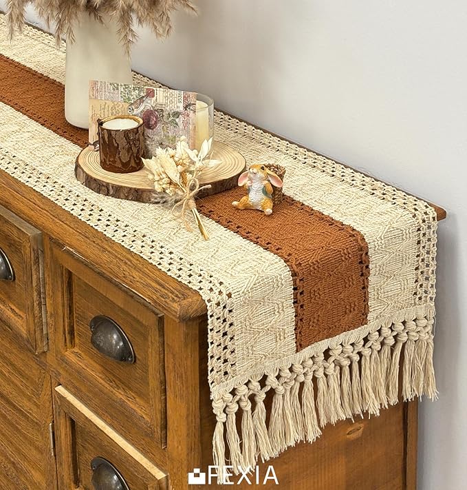 FEXIA Boho Table Runner 36 Inches Long Thanksgiving Decor Macrame Table Runner Farmhouse Stylewith Tassels for Party Bohemian Rustic Wedding Bridal Shower Dining Decor Middle Brown (12x36 Inches)